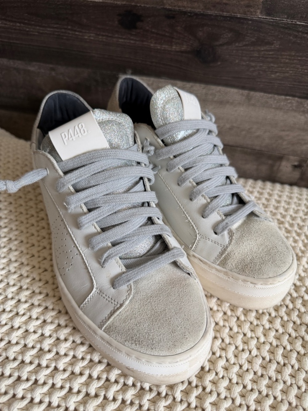 P448 Light Gray Suede & Leather Sneakers with Silver Glitter Tongue